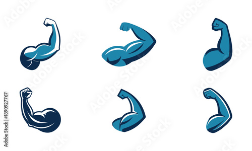 Set of human biceps, strong muscular arm, gym and fitness logo designs.