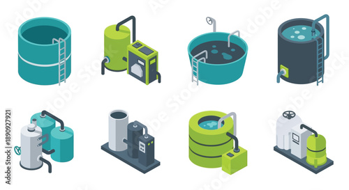 Isometric industrial tanks and processing equipment collection
