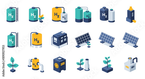Isometric icons depicting hydrogen energy production storage and infrastructure