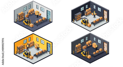 Isometric warehouse scenes with stacked boxes and operating forklifts