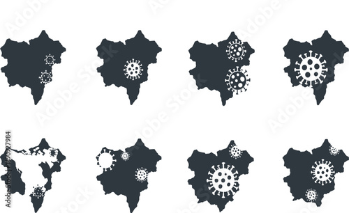 Virus Spread Map Silhouette Vector Set Showing Infection Hotspots and Microbe Icons for Epidemiology, Healthcare Data Visualization, and Disease Awareness Designs