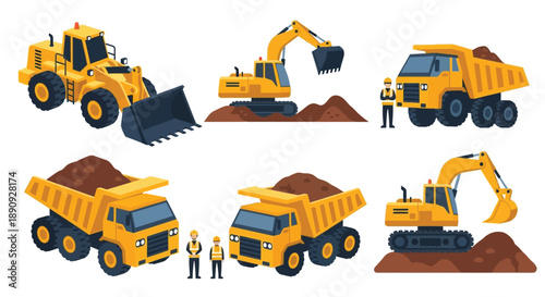Construction vehicles and workers depicted in a colorful illustrative style