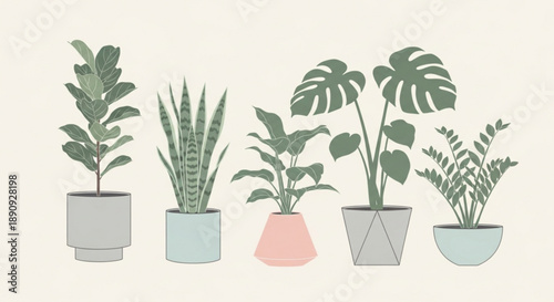 Collection of diverse houseplants in colorful pots on a neutral background for interior design