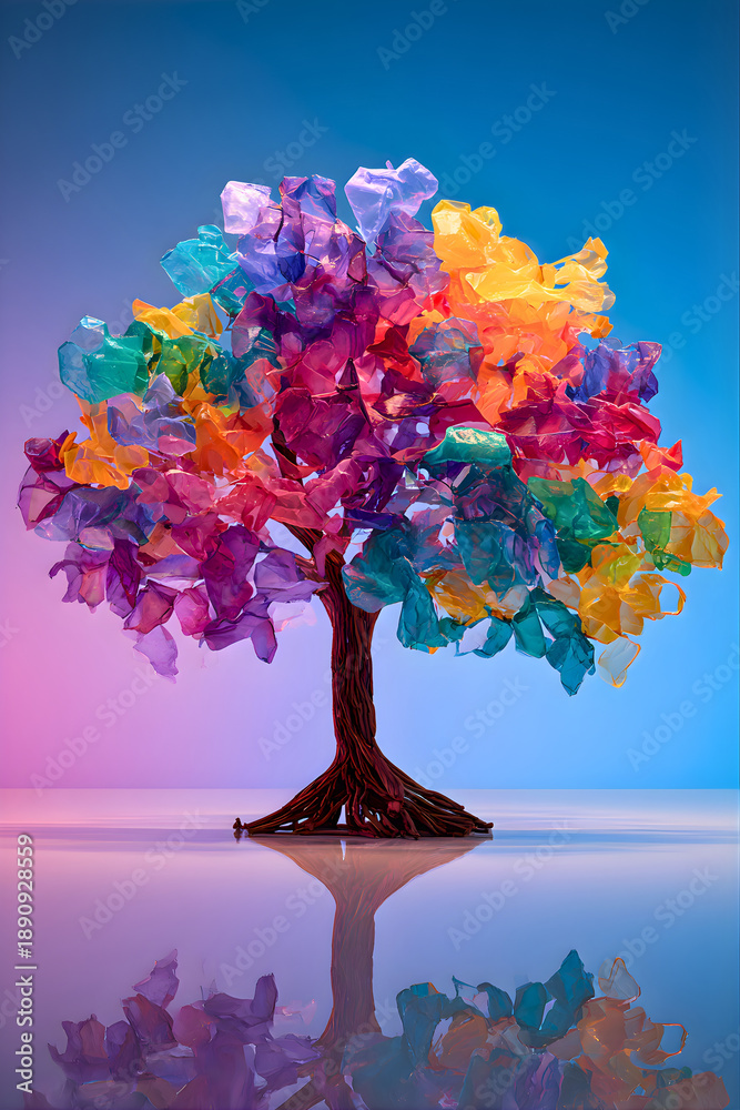 Fototapeta premium Vibrant colorful tree with rainbow leaves on reflective surface gradient background