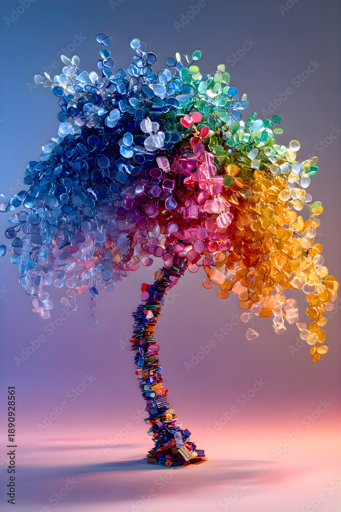 Obraz premium Vibrant crystal tree sculpture with colorful leaves and trunk on gradient background