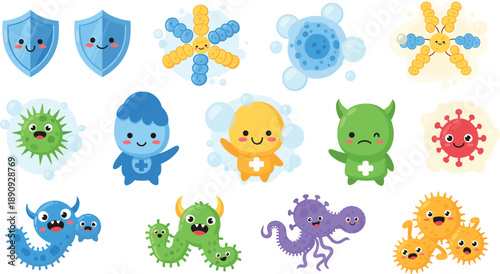 Cute Immune System Cartoon Vector Illustration Set with Antibodies, Viruses, Germs, and Friendly Cells for Healthcare Education, Kids Science, and Medical Awareness Designs