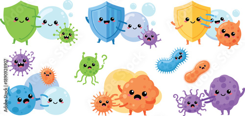Cute Immune System Protection Cartoon Vector Set with Friendly Shields, Antibodies, and Germ Characters for Healthcare Education, Kids Science, and Medical Awareness Designs