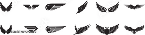 Collection of various black wing icons and symbols