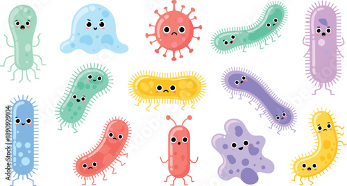 Cute Cartoon Germ and Bacteria Character Vector Set with Colorful Microbe Illustrations for Kids Education, Healthcare Awareness, and Science Design Projects