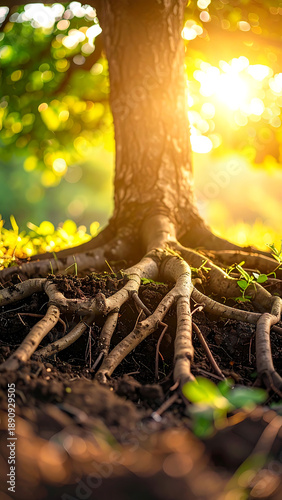 Wallpaper Mural Exposed tree roots anchor the trunk in earth, bathed in warm golden light and blurred green foliage Torontodigital.ca