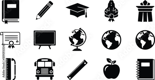 A collection of black silhouette icons representing education, school supplies, and academic achievements
