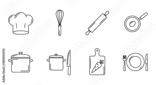 Line art illustration of cooking tools and chef s hat