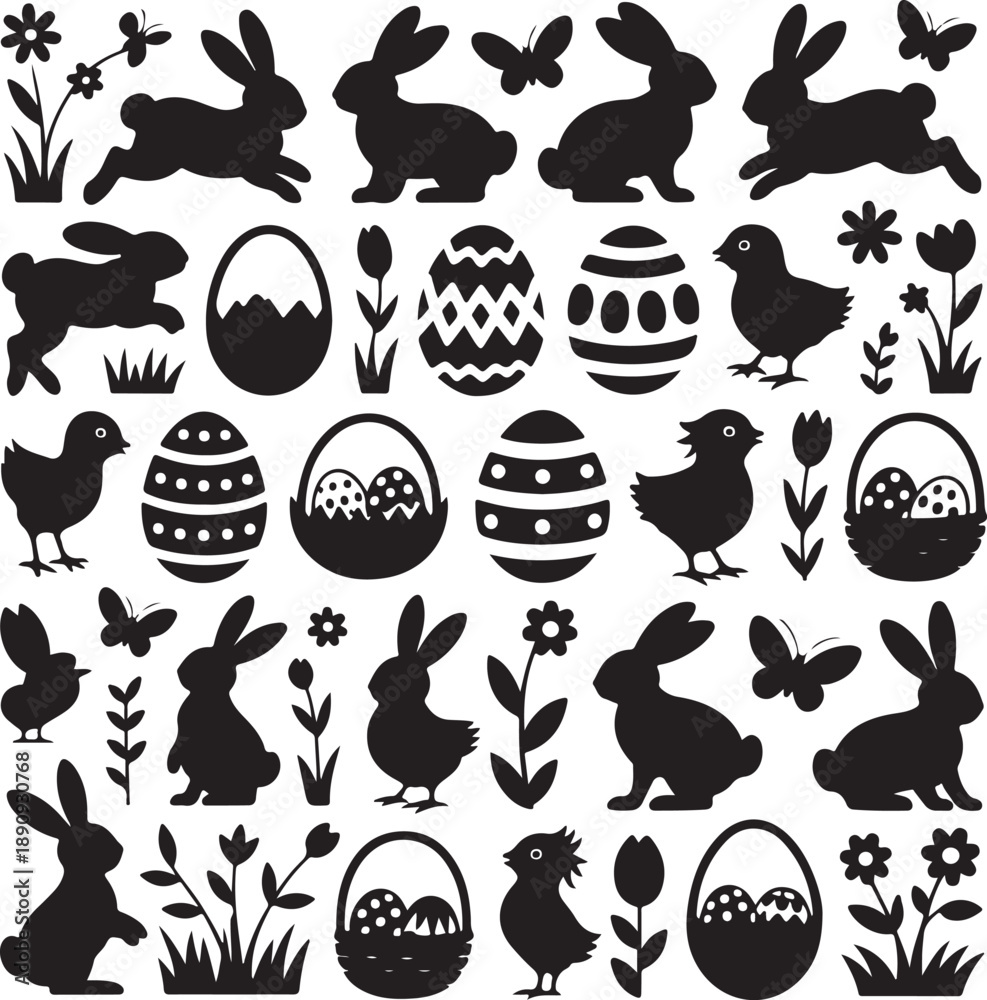 Naklejka premium Easter eggs - hares - chicks and flowers collection - vector silhouette