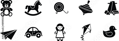A set of black and white silhouette icons representing various children's toys and playtime objects