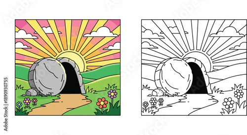 Empty Tomb of Jesus with Rolled Stone at Sunrise, Christian Resurrection Easter Scene Illustration and Coloring Page Vector for Kids Education and Bible Stories (166 characters)