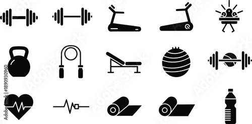 A collection of black silhouette icons representing various gym equipment and fitness items
