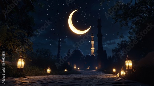 vibrant moon glowing on the mosque, mosque glowing under a crescent moon