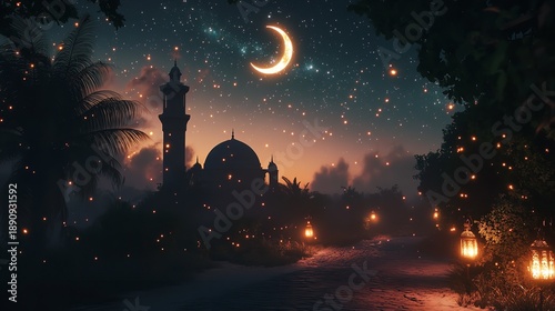 vibrant moon glowing on the mosque, mosque glowing under a crescent moon