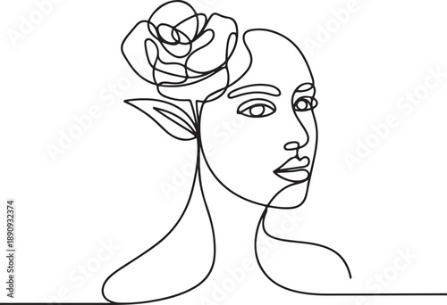 Peony woman line art portrait. Flower Head Woman Line Drawing. Surreal Minimalist Art