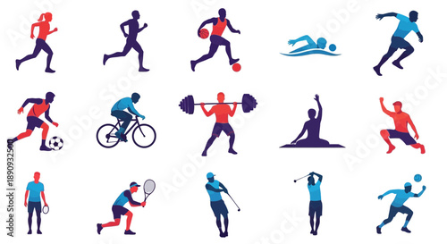Dynamic collection of athletic silhouettes showcasing diverse sports activities, fitness, and active lifestyles, perfect for health, wellness, and competition-themed designs for digital projects