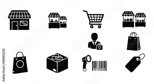 Shopping icons set stores carts people gifts and fragile goods