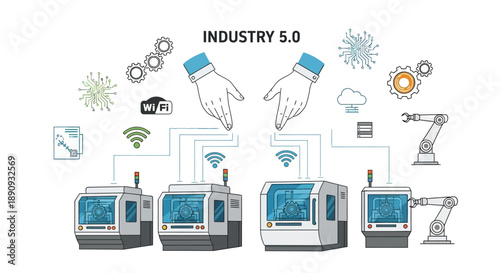 Illustration of Industry 5.0 concept with machines and tools in a modern industrial setting with a technological and innovative mood.