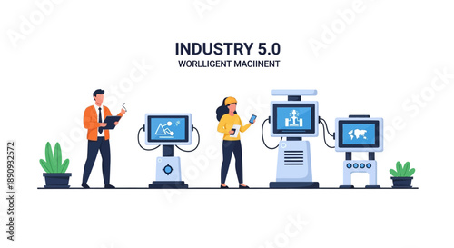 Illustration of two engineers collaborating with intelligent machines in an industry setting with a modern design aesthetic and a focus on teamwork and technology.