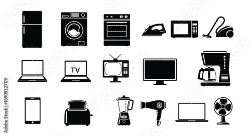 Collection of black silhouette icons depicting various household appliances