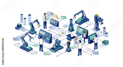 Isometric illustration of engineers and technicians collaborating with industrial machines, work tools, and computer systems in a modern workplace, showcasing teamwork and cooperation in an