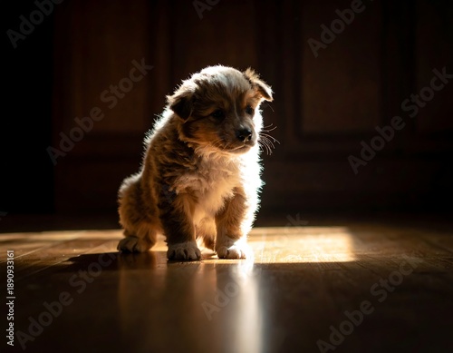 Wallpaper Mural Small fluffy puppy sits in a sunbeam on a shiny wooden floor Torontodigital.ca