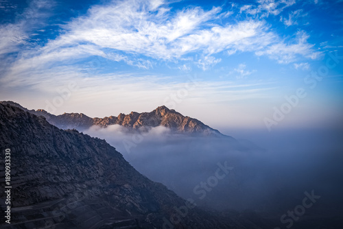 mountain landscape with clouds  During winter season from Al HadaTaif near Makkah, Saudi Arabia