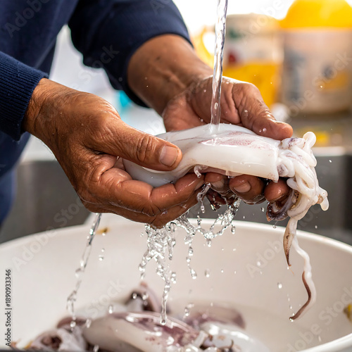 Wallpaper Mural Washing squid Hands rinse white squid in a bowl. Water streams down Torontodigital.ca