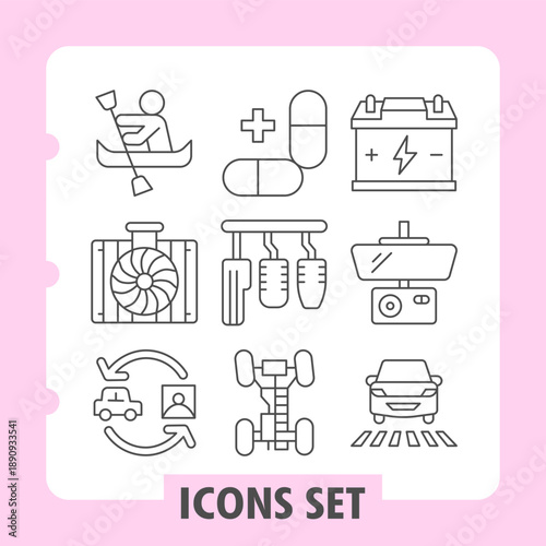 Boat, radiator, exchange simple icons set depicting home utilities, professional and vehicles items in outline style for apps and print on white background. Set of nine thin line icons.