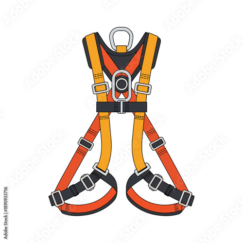 Safety harness with orange and yellow straps and black buckles on a white background