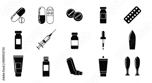 Collection of medical pills capsules bottles and healthcare equipment icons