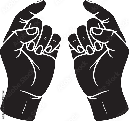 Two raised up empty human hands with open palms in holding or catching gesture. Black and white negative silhouette. Cartoon style