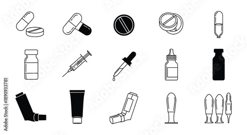 Collection of medical pills capsules bottles and healthcare equipment icons