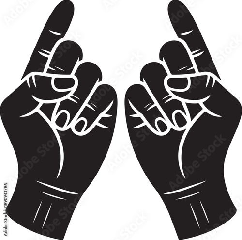Two raised up empty human hands with open palms in holding or catching gesture. Black and white negative silhouette. Cartoon style