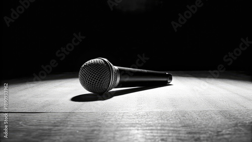 Black and white microphone on racked open mic night concept. A close-up view of a microphone on a dark stage setting.