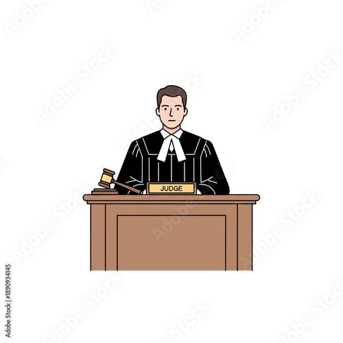 Male judge wearing a traditional black robe and white jabot sits seriously behind a wooden bench ready to deliver a fair and impartial verdict with a gavel nearby.