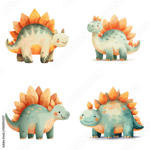 Cute baby stegosaurus characters standing and walking in soft pastel colors. Friendly cartoon illustration perfect for nursery decor kids books toys and character sets.