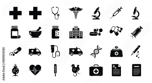 Collection of black healthcare and medical related icons on white background