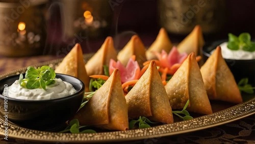 Delicious samosas with chutney for Ramadan and Eid celebration