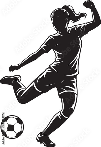 Women soccer player vector silhouettes on transparent background isolated. Silhouette of a woman kicking soccer ball, vector illustration 