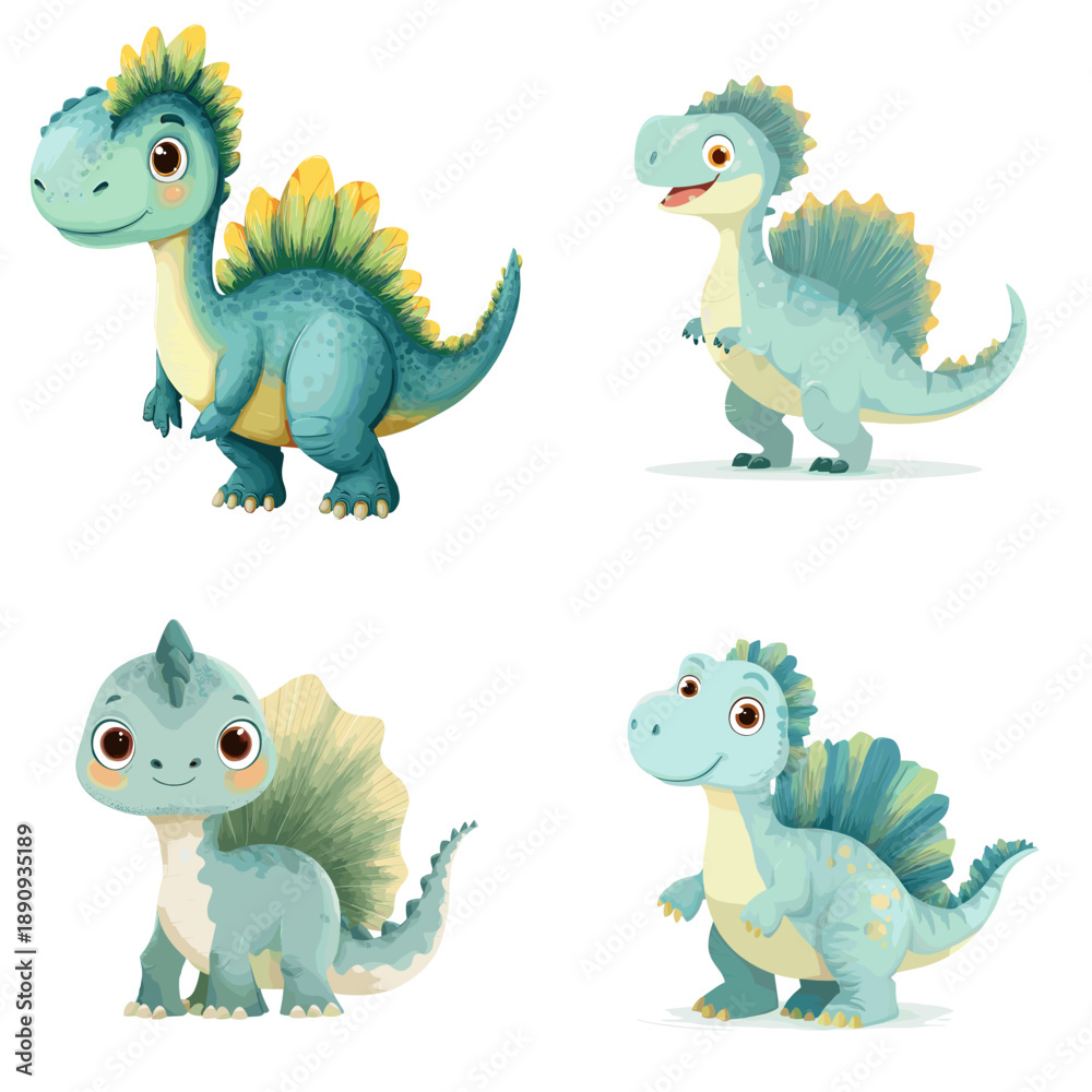Fototapeta premium Cute baby dinosaur characters with colorful back plates in pastel tones. Friendly cartoon illustration perfect for kids books nursery decor toys and playful designs.
