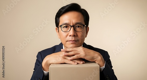 A businessman sits, expressionless in his office.
