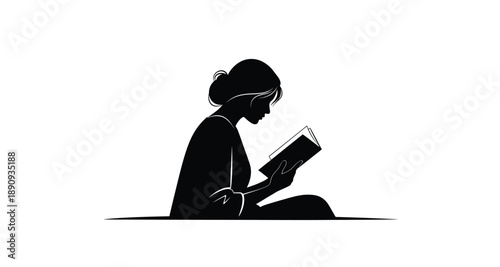 A black vector illustration of a business woman sitting at an office desk and working on a laptop computer