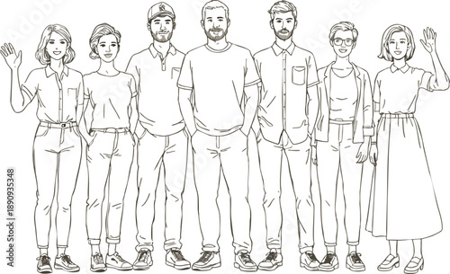 A diverse group of people standing together in a line, waving and smiling