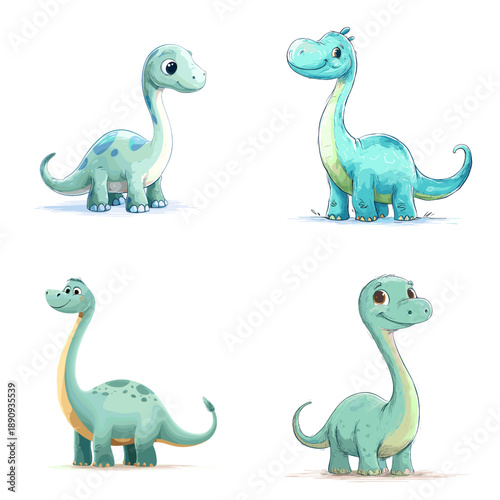 Cute long neck baby dinosaur characters standing and smiling in pastel colors. Adorable cartoon illustration perfect for kids education nursery art and prehistoric themes.
