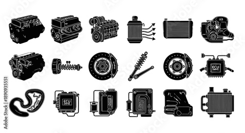 A professional set of 18 black monochrome flat icons arranged in one frame, illustrating the internal systems and performance components of a Toyota Supra MK4 sports car.